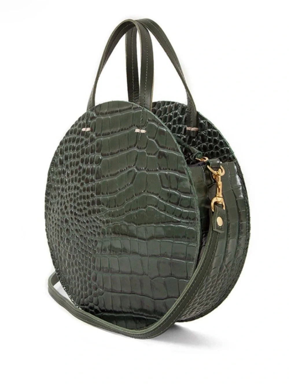 Clare V. Petit Alistair Croc Embossed Round Crossbody Bag Green